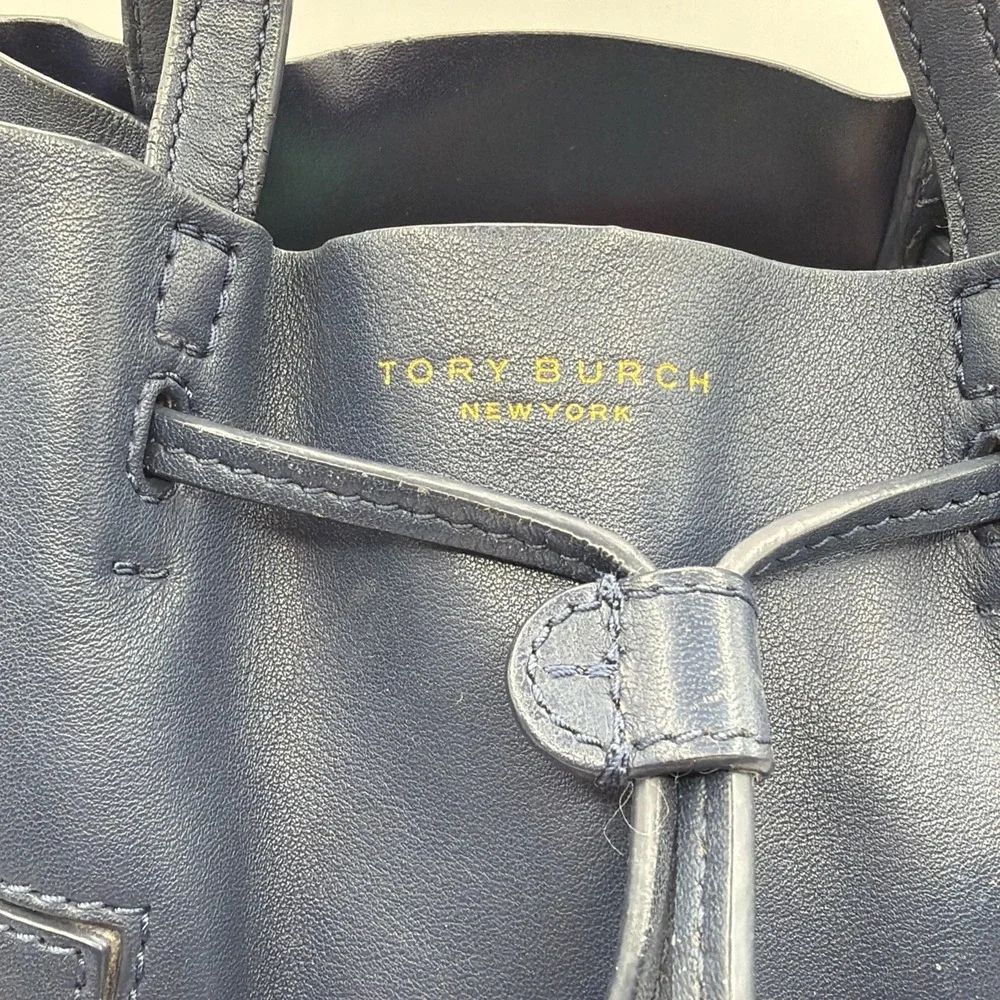Tory Burch Block T Small Navy Blue Leather Bucket Bag Drawstring Closure